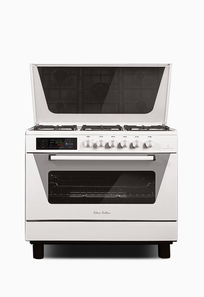 اجاق گاز تهران سبحان فر دار 666 آلفا 8 شیر با ترموکوپل شبکه چدنی سفید